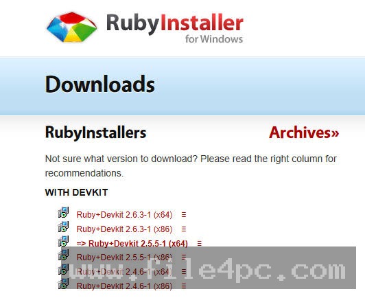 The RubyInstaller setup wizard illustrating path environment variable mapping and MSYS2 Devkit toolchain installation options.