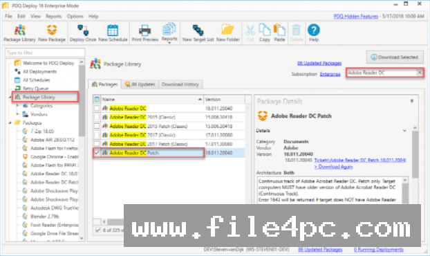 The main PDQ Deploy console interface showcasing the Active Deployments monitor and target status details.