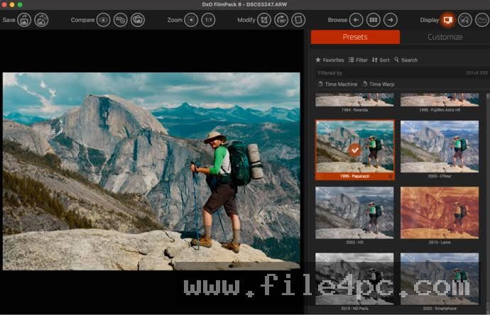 The main editing window where users preview vintage effects before exporting the final image.