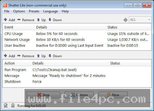 The main Shutter Pro control dashboard displaying configured event monitors, parameter thresholds, and target action lists.