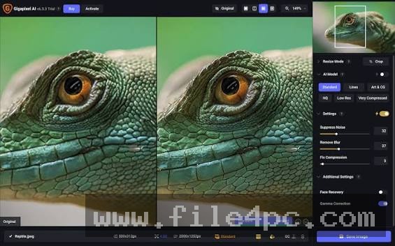 The main Topaz Gigapixel Pro interface displaying a side-by-side comparison of a low-resolution source photo next to the 4x AI-upscaled output.