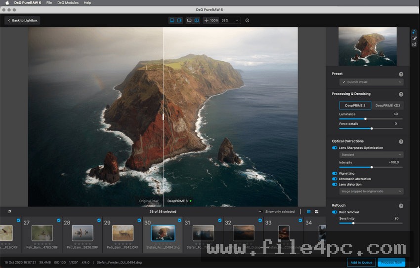 The main browser interface where users load raw files and view detected camera and lens metadata.