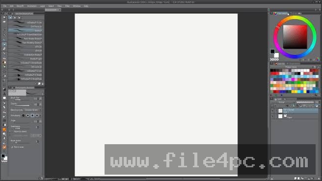The primary workspace featuring advanced customizable brushes, tool palettes, and layer control panels.