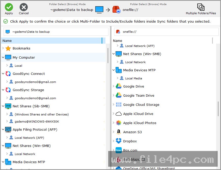 Main Control Dashboard displaying active job lists, Left and Right folder directory paths, and real-time synchronization status indicators.
