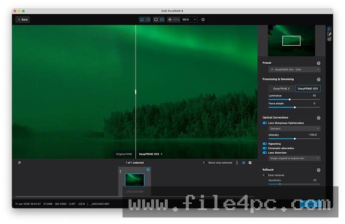 The processing window displaying real-time rendering progress and finalized clean DNG output summaries.