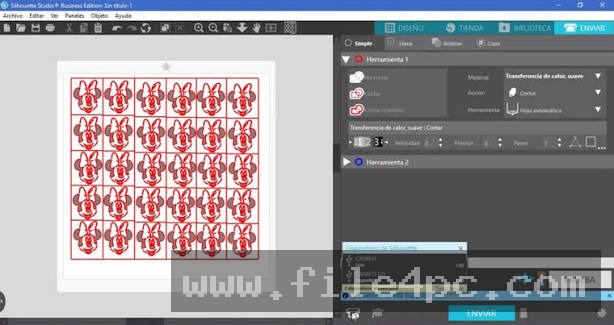 The main Silhouette Studio workspace showing vector artwork arranged on the virtual cutting mat alongside the Nesting configuration panel.