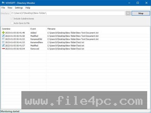 The main VovSoft Directory Monitor dashboard displaying selected folder paths, real-time file event logs, and status controls.