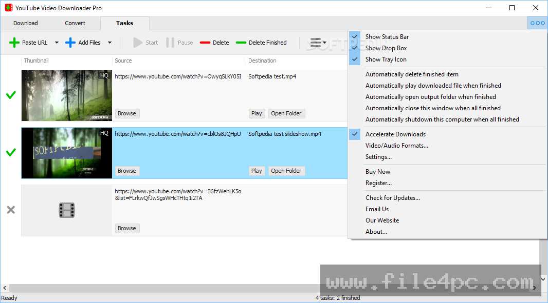 The Batch Processing panel demonstrating simultaneous download progress bars and destination folder management options.