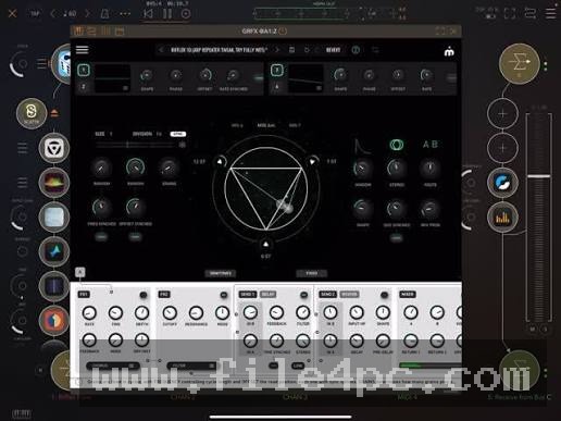 Main Imaginando GRFX workspace displaying real-time grain buffer visualizer, pitch transpose controls, and grain density dials.
